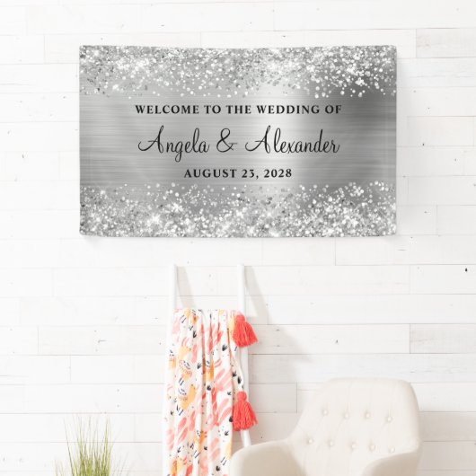 Glittery Zilveren Folie Bruiloft Welkom Spandoek (Insitu)