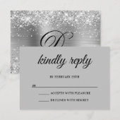 Glittery zilveren folie Monogram vriendelijk antwo RSVP Kaartje (Voorkant / Achterkant)