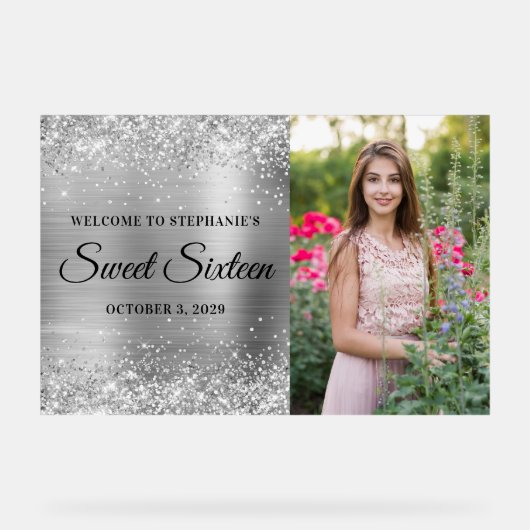 Glittery Zilveren Folie Sweet Sixteen Welkom Acryl Bord (Voorkant)
