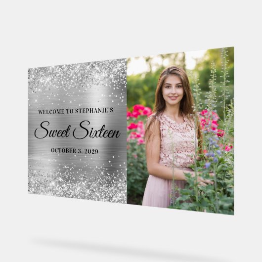 Glittery Zilveren Folie Sweet Sixteen Welkom Acryl Bord (Hoek)