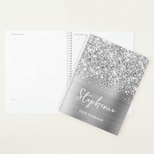 Glittery Zilveren Glam gepersonaliseerd 2024 Planner (Display)