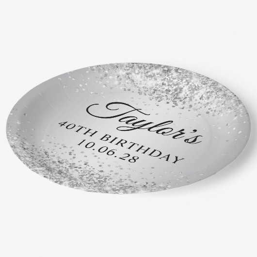 Glittery Zilveren Gradiënt 40e Verjaardag Papieren Bordje (Gekanteld)
