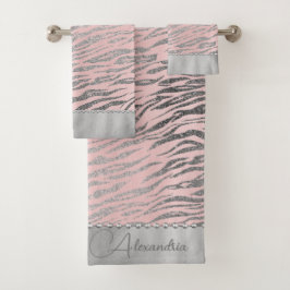 Glittery zilveren zebra print op roze gepersonalis bad handdoek