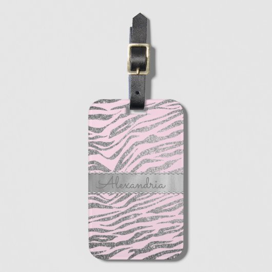 Glittery zilveren zebra print op roze gepersonalis bagagelabel (Voorkant (verticaal))