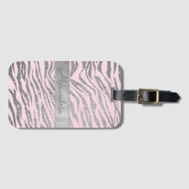 Glittery zilveren zebra print op roze gepersonalis bagagelabel