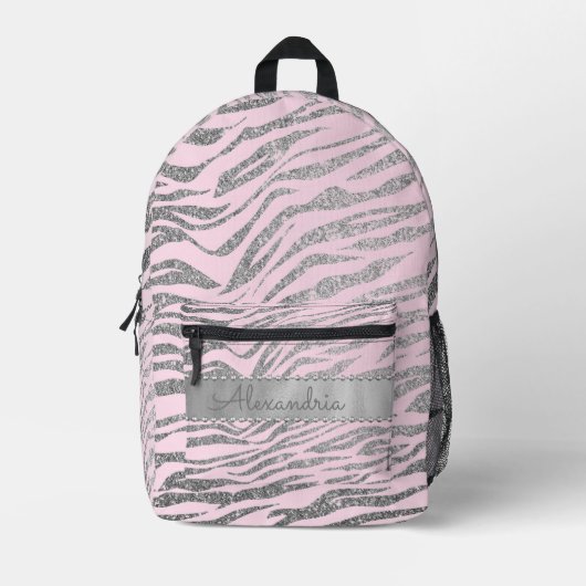 Glittery zilveren zebra print op roze gepersonalis bedrukte rugzak (Voorkant)