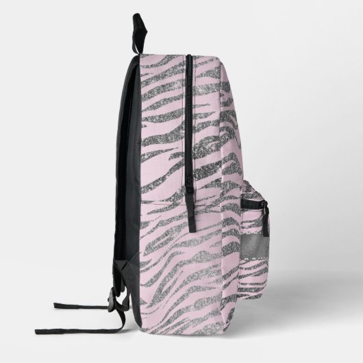 Glittery zilveren zebra print op roze gepersonalis bedrukte rugzak (Links)