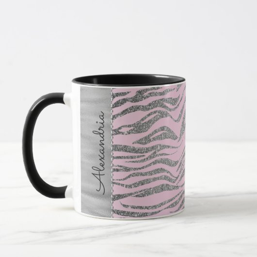 Glittery zilveren zebra print op roze gepersonalis mok (Links)