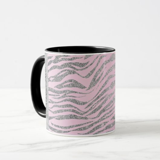 Glittery zilveren zebra print op roze gepersonalis mok (Voorkant links)