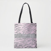 Glittery zilveren zebra print op roze gepersonalis tote bag (Voorkant)