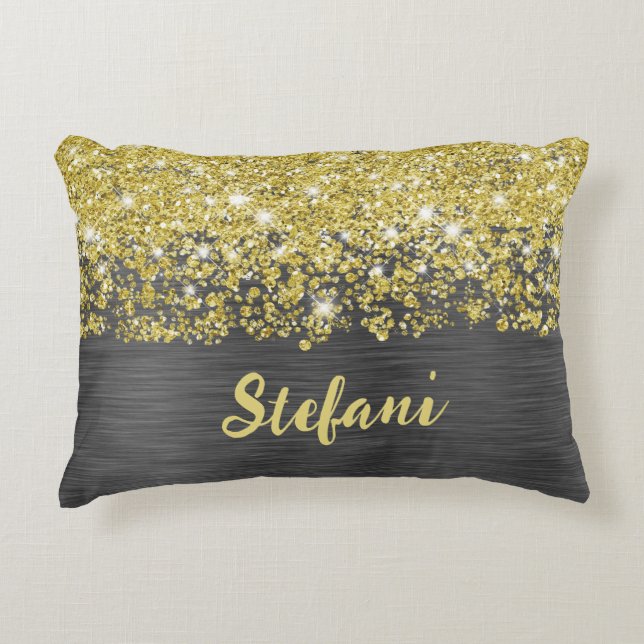 Glittery Zwart Goud Glam Script Naam Accent Kussen (Voorkant)