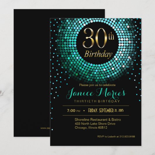 Glitz Bling Confetti 30e Verjaardag aqua gold blac Kaart (Voorkant / Achterkant)