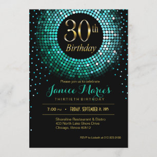 Glitz Bling Confetti 30th Birthday aqua gold black Kaart