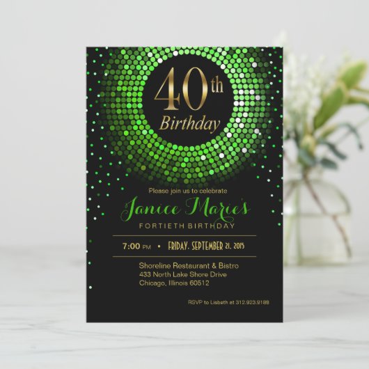 Glitz Bling Confetti 40th Birthday | groen goud Kaart (Staand voorkant)