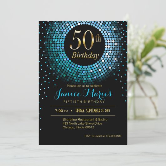 Glitz Bling Confetti 50th Birthday blauw goud zwar Kaart (Staand voorkant)