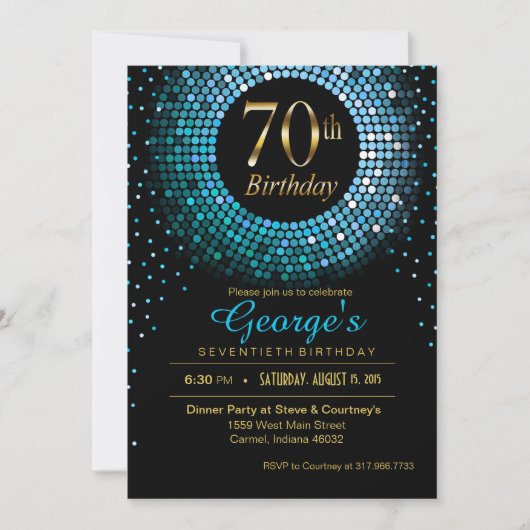 Glitz Bling Confetti 70th Birthday blauw goud zwar Kaart (Voorkant)