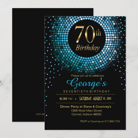 Glitz Bling Confetti 70th Birthday blauw goud zwar Kaart (Voorkant / Achterkant)