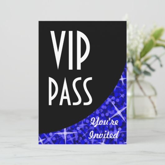 Glitz Dark Blue black curve "VIP Pass"-uitnodiging Kaart (Staand voorkant)