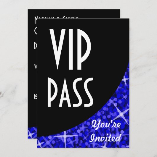 Glitz Dark Blue black curve "VIP Pass"-uitnodiging Kaart (Voorkant / Achterkant)