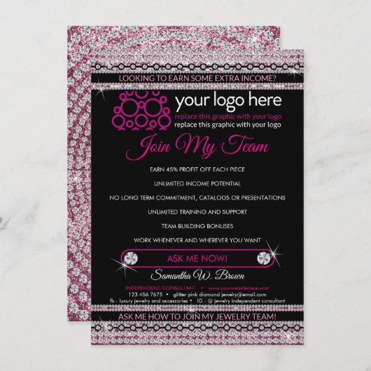 Glitz diamantroze juwelen voegen zich bij mijn tea bedankkaart (Voorkant / Achterkant)