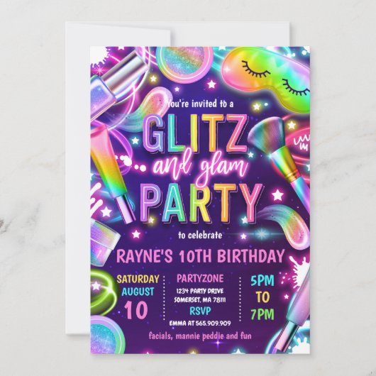 Glitz en Glam Glow Neon Spa Makeup Birthday Party Kaart (Voorkant)