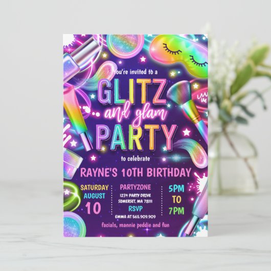 Glitz en Glam Glow Neon Spa Makeup Birthday Party Kaart (Staand voorkant)