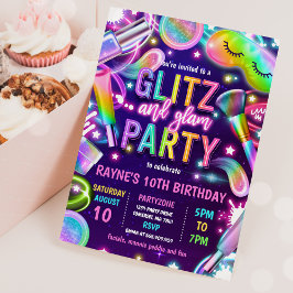 Glitz en Glam Glow Neon Spa Makeup Birthday Party Kaart