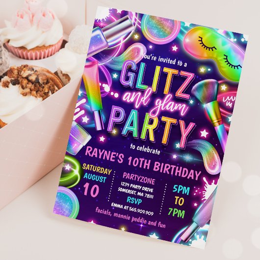 Glitz en Glam Glow Neon Spa Makeup Birthday Party Kaart