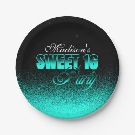 Glitz en Glamoureus Black en Aqua Sweet 16 Papieren Bordje