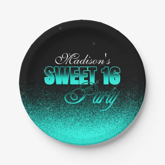 Glitz en Glamoureus Black en Aqua Sweet 16 Papieren Bordje (Voorkant)