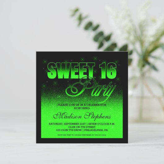 Glitz en Glamoureus Black en Neon Green Sweet 16 Kaart (Staand voorkant)