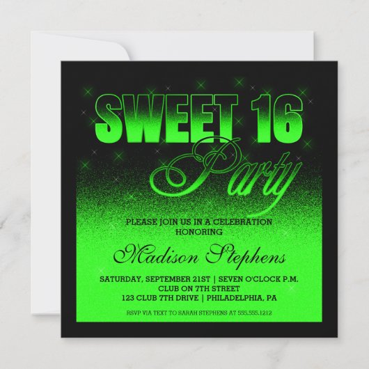 Glitz en Glamoureus Black en Neon Green Sweet 16 Kaart (Voorkant)