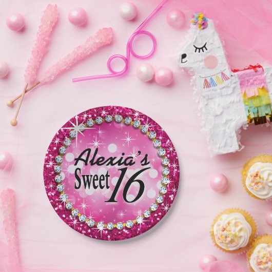 Glitz Glam Bling Sweet 16 Celebration fuschia Papieren Bordje (Feest)