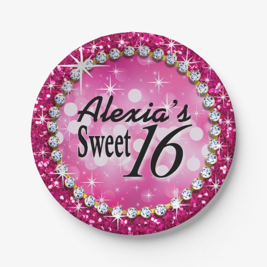 Glitz Glam Bling Sweet 16 Celebration fuschia Papieren Bordje (Voorkant)