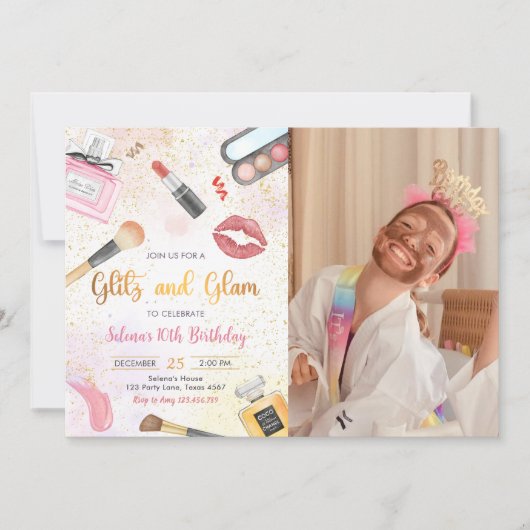 Glitz Glam Glamour Spa Party Make-up Verjaardagsfo Kaart (Voorkant)