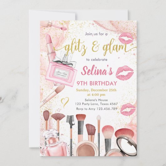 Glitz Glam Glamour Spa Party Roze make-up Verjaard Kaart (Voorkant)