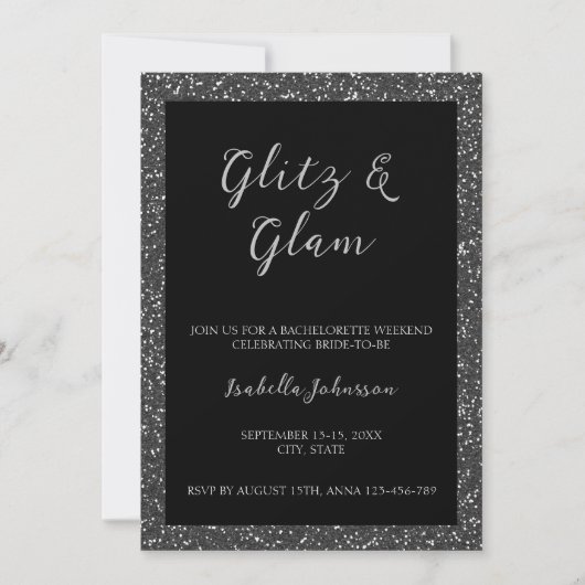 Glitz & Glam Zwart Glitter Bachelorette Weekend Kaart (Voorkant)