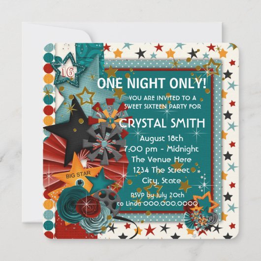 Glitz Glamour Film Star Sweet 16 Uitnodigingen (Achterkant)