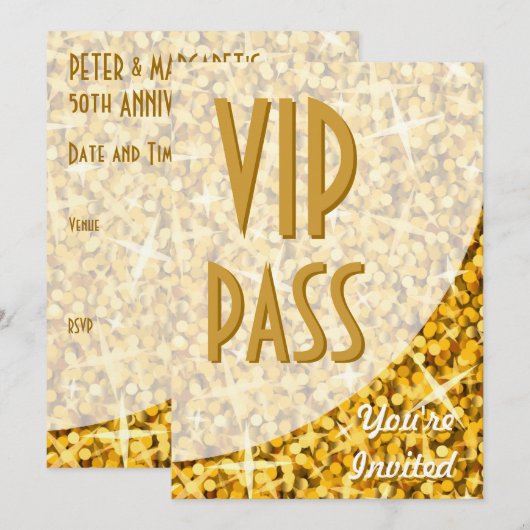 Glitz "Gold"-kromme "VIP Pass"-uitnodiging Kaart (Voorkant / Achterkant)