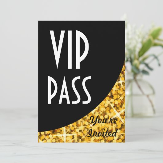 Glitz Gold-zwarte kromme "VIP Pass"-uitnodiging Kaart (Staand voorkant)