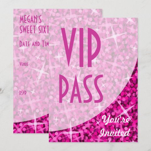 Glitz Pink-curve "VIP-pas"-uitnodiging Kaart (Voorkant / Achterkant)