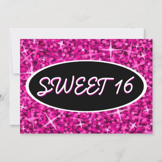 Glitz Pink "Sweet 16" zwarte ovale uitnodiging (Voorkant)