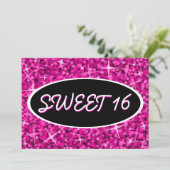 Glitz Pink "Sweet 16" zwarte ovale uitnodiging (Staand voorkant)