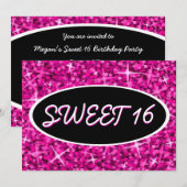Glitz Pink "Sweet 16" zwarte ovale uitnodiging (Voorkant / Achterkant)