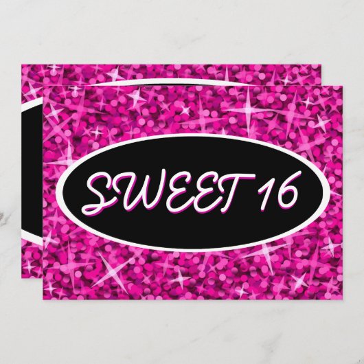 Glitz Pink "Sweet 16" zwarte ovale uitnodiging (Voorkant / Achterkant)
