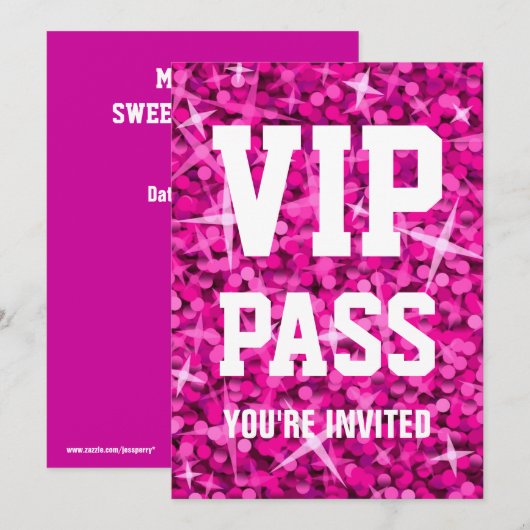 Glitz Pink 'VIP PASS'-uitnodiging Kaart (Voorkant / Achterkant)