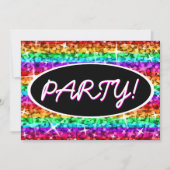Glitz Rainbow Stripe Party. zwarte ovale uitnodigi Kaart (Voorkant)