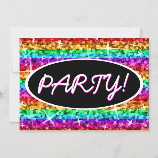 Glitz Rainbow Stripe Party. zwarte ovale uitnodigi Kaart (Voorkant)