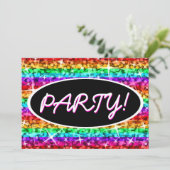 Glitz Rainbow Stripe Party. zwarte ovale uitnodigi Kaart (Staand voorkant)