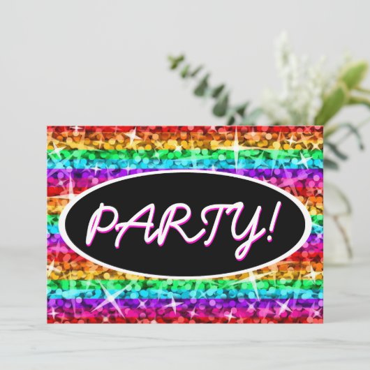 Glitz Rainbow Stripe Party. zwarte ovale uitnodigi Kaart (Staand voorkant)